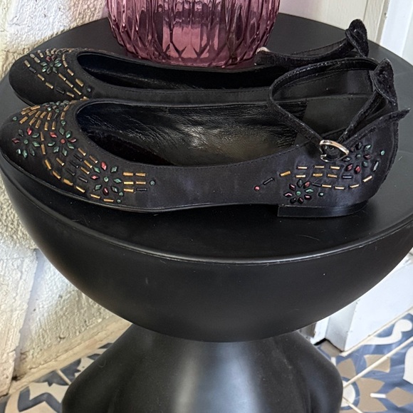 Betsey Johnson Shoes - Betsey Johnson Black Ballet Flats with Ankle Strap and Beaded Embroidery